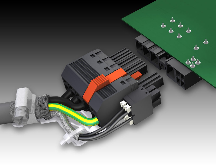 Weidmüller OMNIMATE POWER HYBRID SV/BVF 7.62 connectors for printed circuit boards. – In only one operation, the plug connector connects the energy and signal lines as well as the braided shielding of hybrid cables